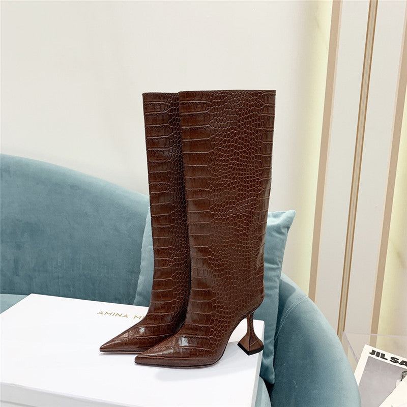 High Quality Luxury Amina Muaddi Crocodile Print Boots