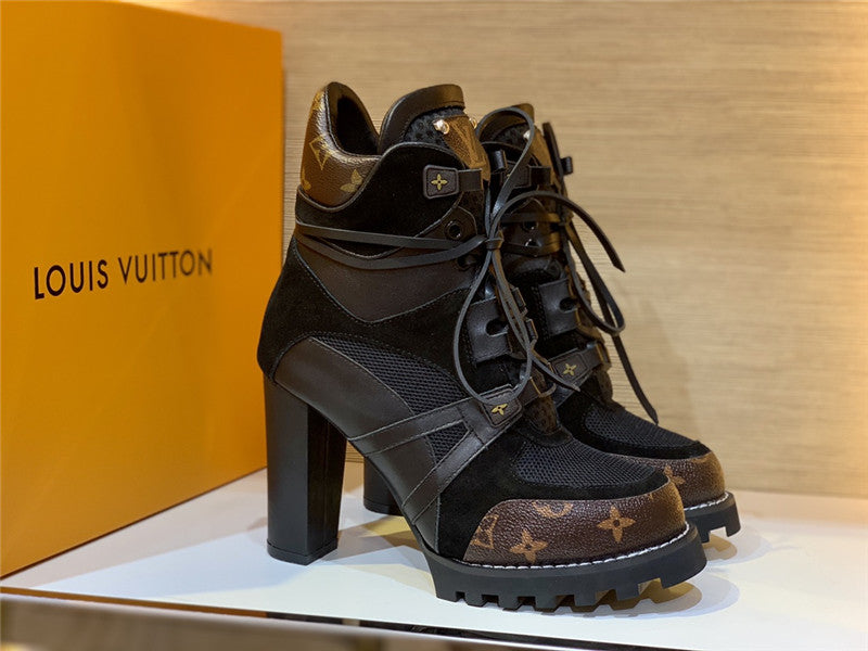 High Quality Luxury Louis Vuitton Leather Thick High-Heeled Martin Boots