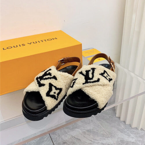 High Quality Luxury LV Cross Plush Slippers Sandals alternate view