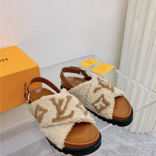 High Quality Luxury LV Cross Plush Slippers Sandals – Style 56451 product detail