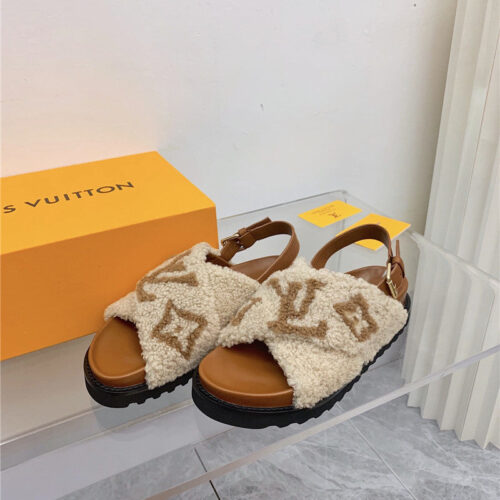 High Quality Luxury LV Cross Plush Slippers Sandals – Style 56451 product detail