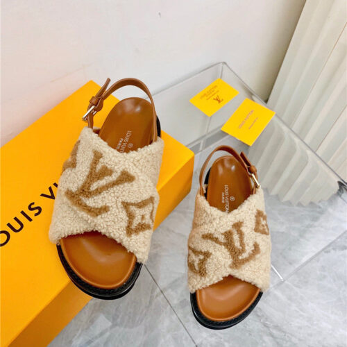 High Quality Luxury LV Cross Plush Slippers Sandals – Style 56451 product detail