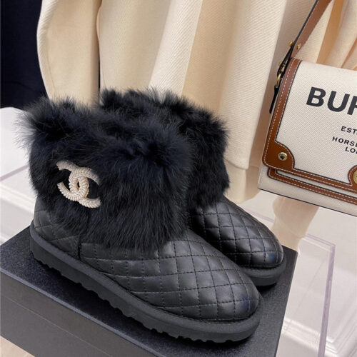 High Quality Luxury Chanel Rabbit Fur Logo Snow Boots