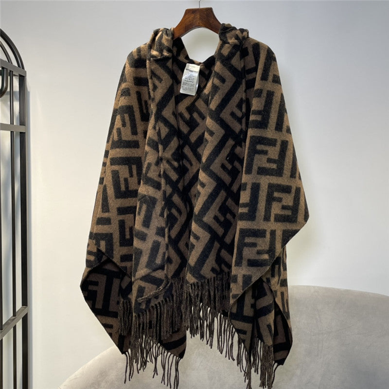 High Quality Luxury Fendi FF Cashmere Hooded Cloak – Style 25962
