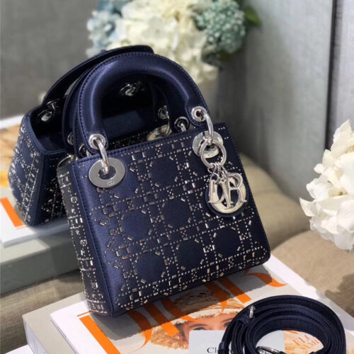 High Quality Luxury Mini Lady Dior Bag Black Strass Cannage Satin – Style 26738
