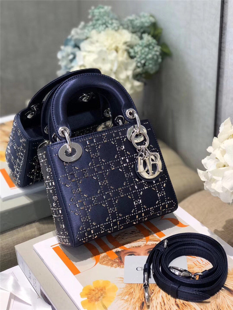 High Quality Luxury Mini Lady Dior Bag Black Strass Cannage Satin – Style 26738