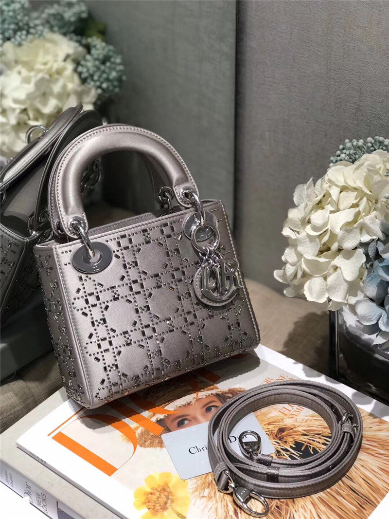 High Quality Luxury Mini Lady Dior Bag Black Strass Cannage Satin – Style 26740