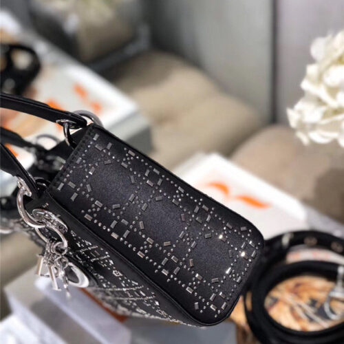 High Quality Luxury Mini Lady Dior Bag Black Strass Cannage Satin product detail