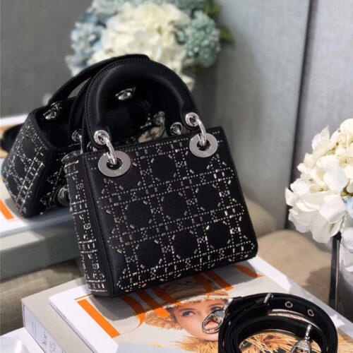 High Quality Luxury Mini Lady Dior Bag Black Strass Cannage Satin alternate view