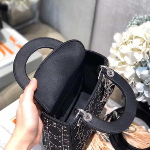 High Quality Luxury Mini Lady Dior Bag Black Strass Cannage Satin product detail
