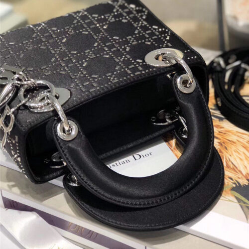 High Quality Luxury Mini Lady Dior Bag Black Strass Cannage Satin product detail