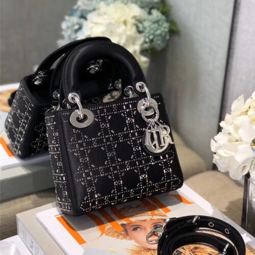 High Quality Luxury Mini Lady Dior Bag Black Strass Cannage Satin
