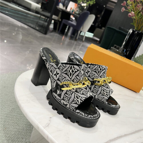 High Quality Luxury Louis Vuitton Chunky Heel Chain High Heel Sandals