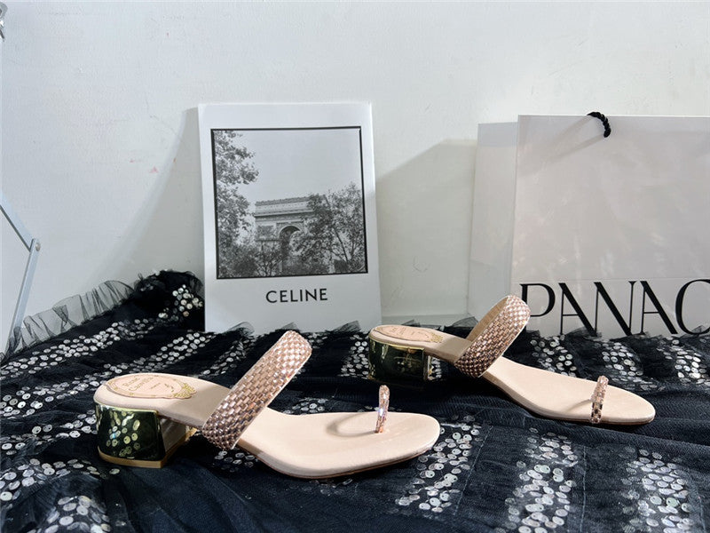 High Quality Luxury Rene Caovilla Low Heel Flat Flip Flop Sandals – Style 43078
