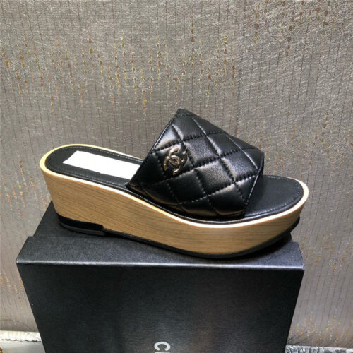 High Quality Luxury Chanel Embroidered Wedge Platform Slippers – Style 22502 product detail
