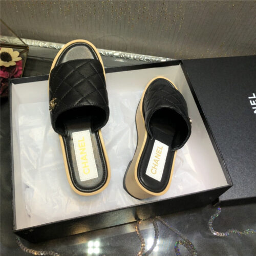 High Quality Luxury Chanel Embroidered Wedge Platform Slippers – Style 22502 product detail