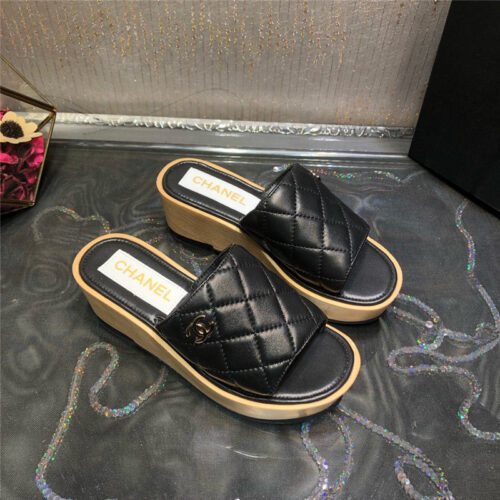 High Quality Luxury Chanel Embroidered Wedge Platform Slippers – Style 22502