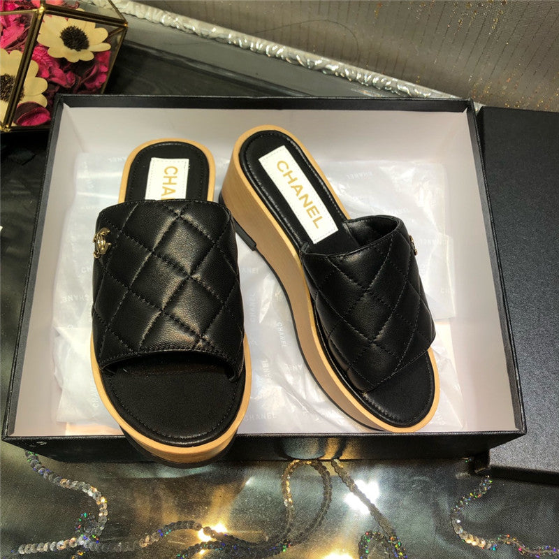 High Quality Luxury Chanel Embroidered Wedge Platform Slippers – Style 22502 product detail