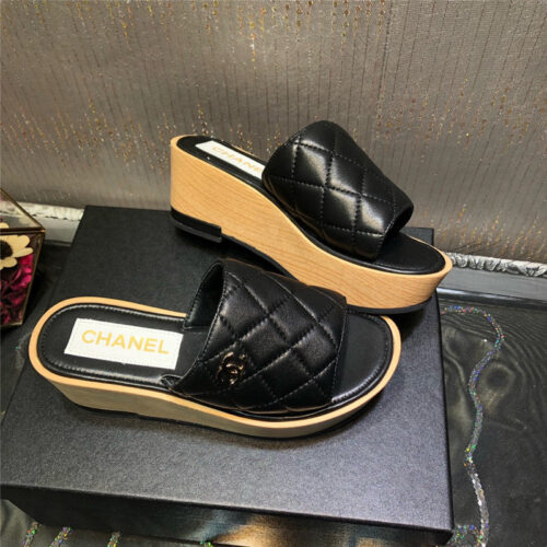 High Quality Luxury Chanel Embroidered Wedge Platform Slippers – Style 22502 product detail