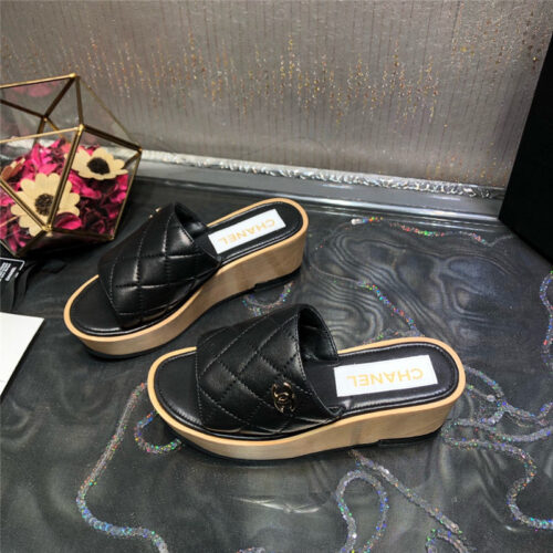 High Quality Luxury Chanel Embroidered Wedge Platform Slippers – Style 22502 product detail