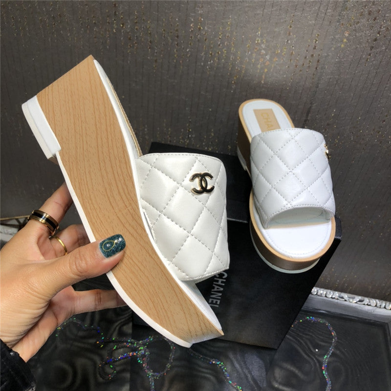 High Quality Luxury Chanel Embroidered Wedge Platform Slippers – Style 89734 product detail