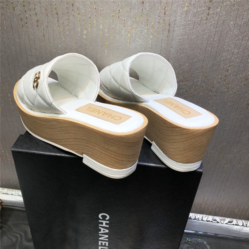 High Quality Luxury Chanel Embroidered Wedge Platform Slippers – Style 89734 product detail