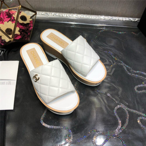 High Quality Luxury Chanel Embroidered Wedge Platform Slippers – Style 89734 product detail