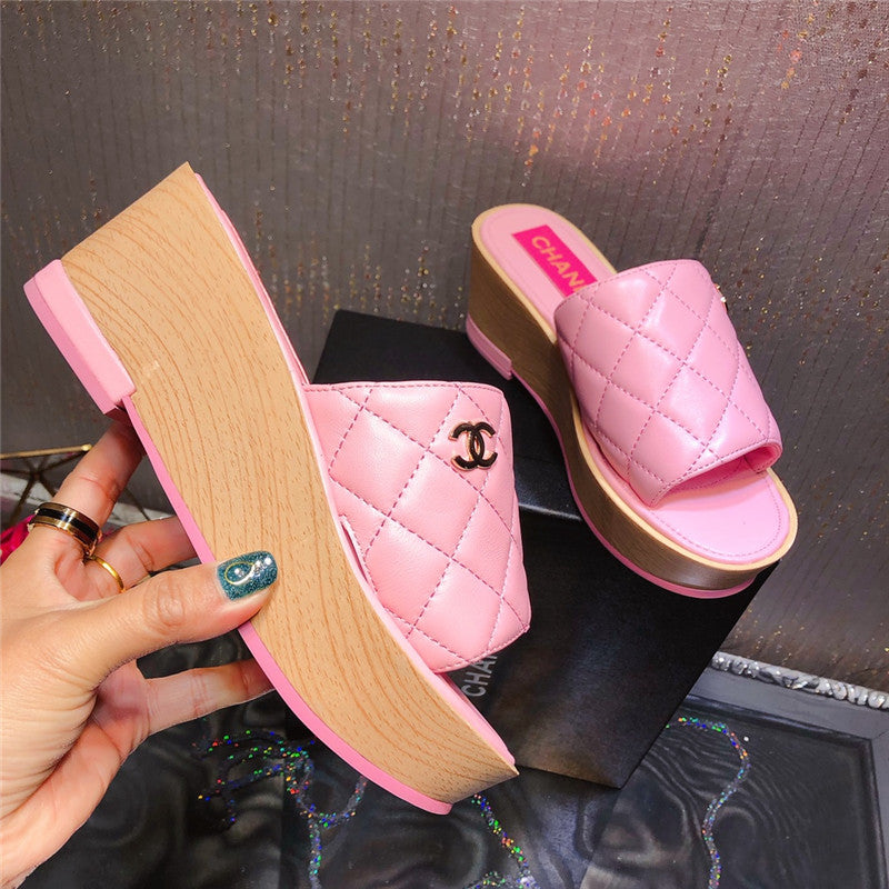 High Quality Luxury Chanel Embroidered Wedge Platform Slippers – Style 58662 product detail