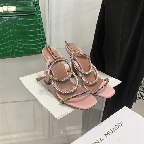 High Quality Luxury Amina Muaddi Rhinestone Heeled Sandals – Style 44355