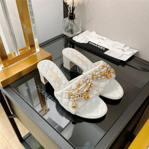 High Quality Luxury Chanel Pendant Pearl Chain High Heel Slippers – Style 08998