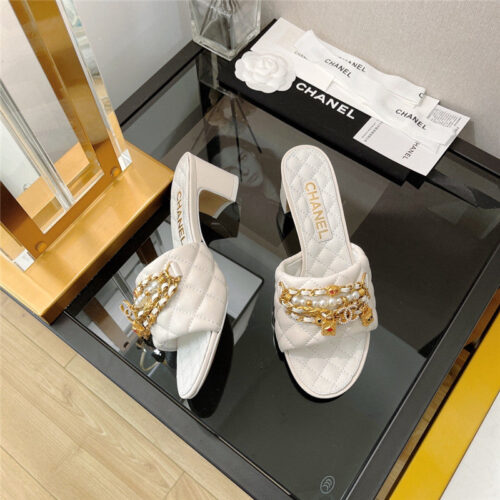 High Quality Luxury Chanel Pendant Pearl Chain High Heel Slippers – Style 08998 product detail