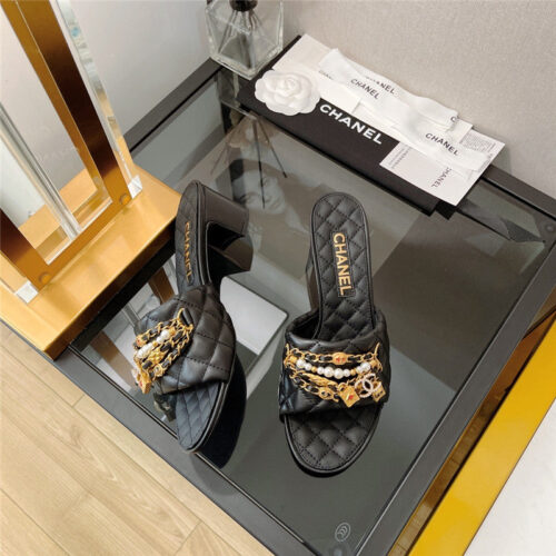 High Quality Luxury Chanel Pendant Pearl Chain High Heel Slippers – Style 72838 product detail