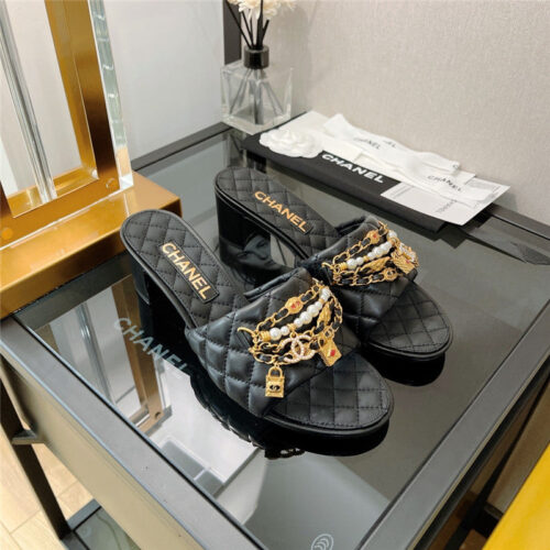 High Quality Luxury Chanel Pendant Pearl Chain High Heel Slippers – Style 72838
