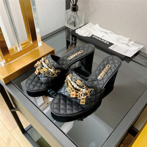 High Quality Luxury Chanel Pendant Pearl Chain High Heel Slippers – Style 72838 product detail