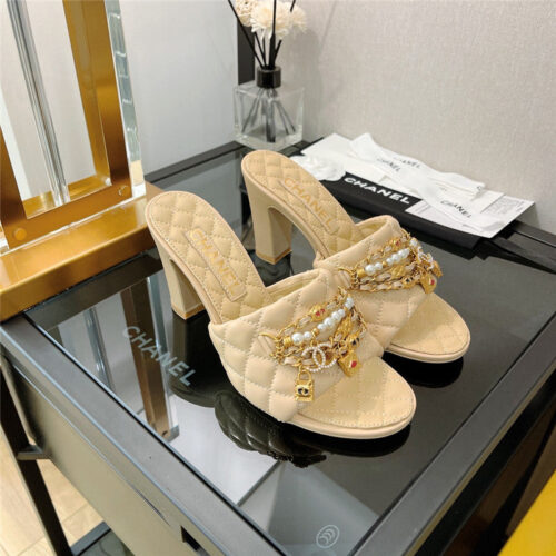 High Quality Luxury Chanel Pendant Pearl Chain High Heel Slippers