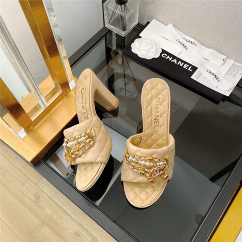 High Quality Luxury Chanel Pendant Pearl Chain High Heel Slippers product detail