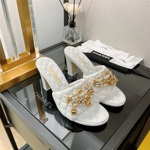 High Quality Luxury Chanel Pendant Pearl Chain High Heel Slippers – Style 46854