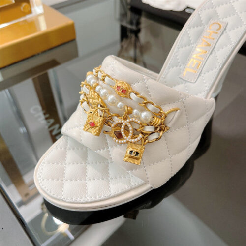 High Quality Luxury Chanel Pendant Pearl Chain High Heel Slippers – Style 46854 product detail