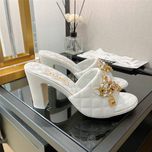 High Quality Luxury Chanel Pendant Pearl Chain High Heel Slippers – Style 46854 product detail