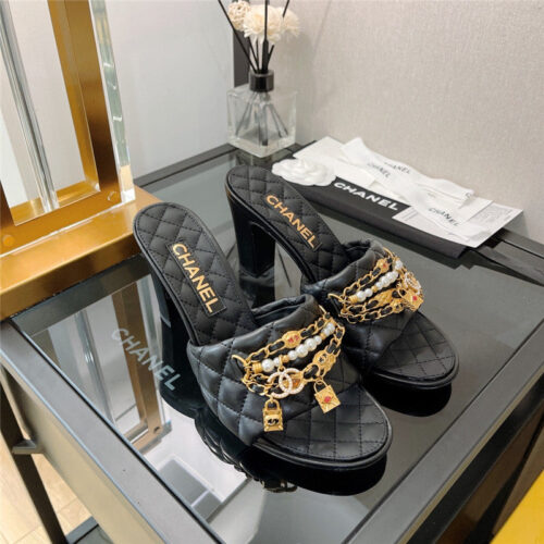 High Quality Luxury Chanel Pendant Pearl Chain High Heel Slippers – Style 15782