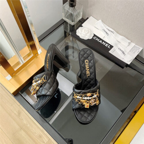 High Quality Luxury Chanel Pendant Pearl Chain High Heel Slippers – Style 15782 product detail