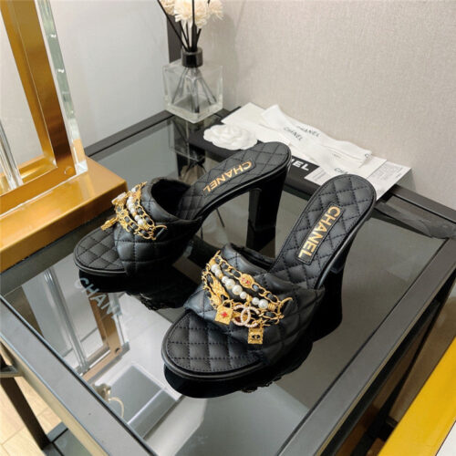 High Quality Luxury Chanel Pendant Pearl Chain High Heel Slippers – Style 15782 alternate view