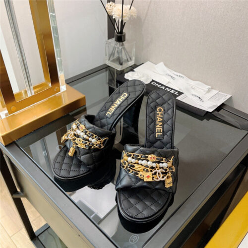 High Quality Luxury Chanel Pendant Pearl Chain High Heel Slippers – Style 15782 product detail