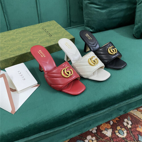High Quality Luxury Gucci Diamond Lozenge Chunky Heel Slippers – Style 94451 product detail