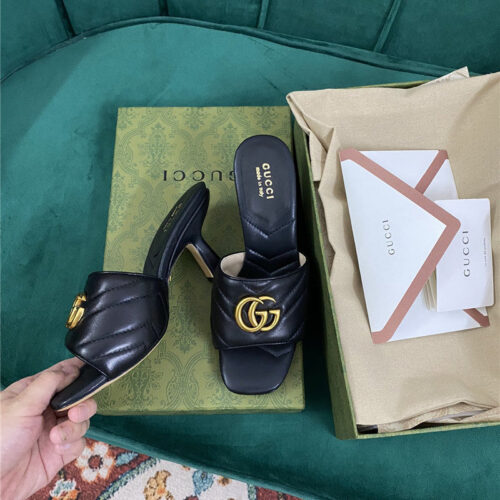 High Quality Luxury Gucci Diamond Lozenge Chunky Heel Slippers alternate view