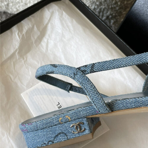 High Quality Luxury Chanel Denim Alphabet Graffiti Slingback Sandals – Style 66118 product detail