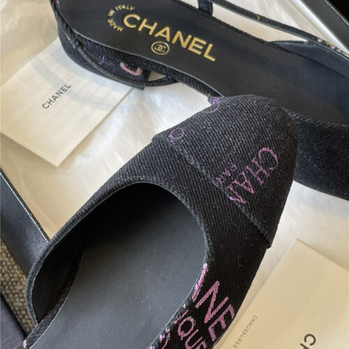 High Quality Luxury Chanel Denim Alphabet Graffiti Slingback Sandals – Style 97190 product detail
