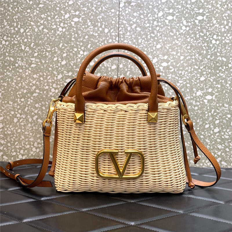 High Quality Luxury Valentino Vlogo Signature Wicker Bucket Bag