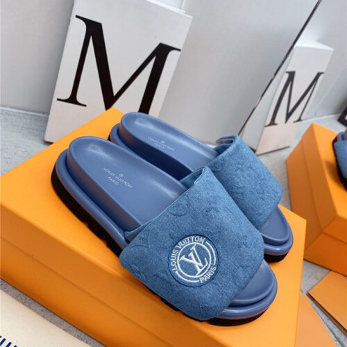 High Quality Luxury Louis Vuitton Denim Platform Slippers – Style 71619