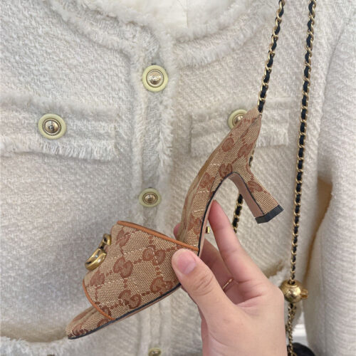 High Quality Luxury Gucci GG Buckle High Heel Slippers – Style 12979 product detail